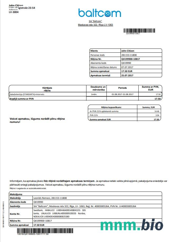 Łotwa Baltcom Telekomunikacja rachunek za media szablon w formacie Word i PDF (Wersja Łotewska)